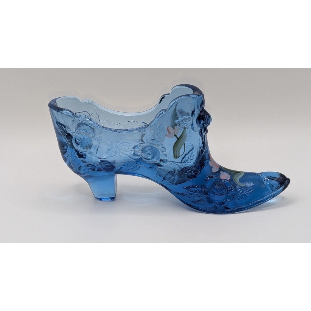 Fenton Cabbage And Rose Blue Art Glass Slipper Hand Painted Artist Signed